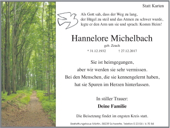 Traueranzeige von Hannelore Michelbach von Ruhr Nachrichten