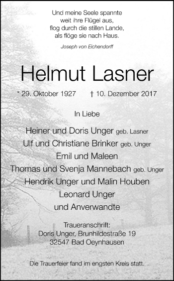 Traueranzeige von Helmut Lasner von Ruhr Nachrichten