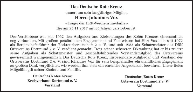  Traueranzeige für Johannes Vox vom 16.12.2017 aus Ruhr Nachrichten