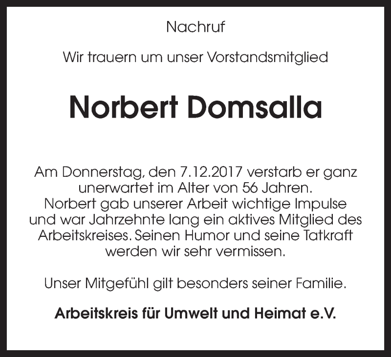  Traueranzeige für Norbert Domsalla vom 13.12.2017 aus Ruhr Nachrichten
