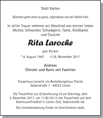Traueranzeige von Rita Laroche von Ruhr Nachrichten