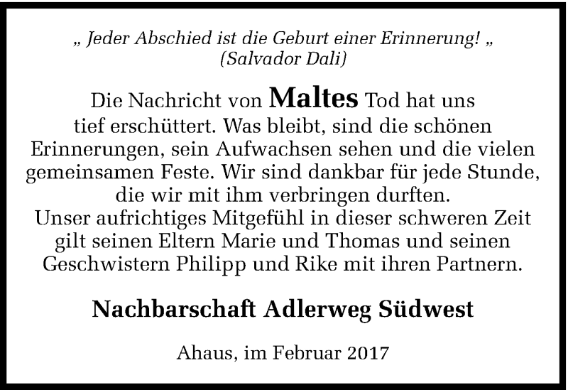  Traueranzeige für Malte Westermann vom 10.02.2017 aus Münstersche Zeitung und Münsterland Zeitung
