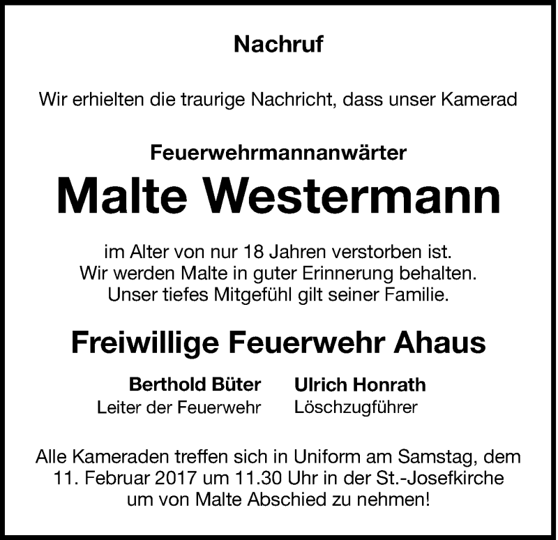  Traueranzeige für Malte Westermann vom 09.02.2017 aus Münstersche Zeitung und Münsterland Zeitung