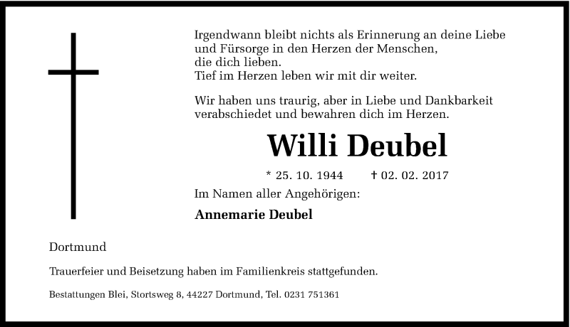  Traueranzeige für Willi Deubel vom 10.02.2017 aus Ruhr Nachrichten