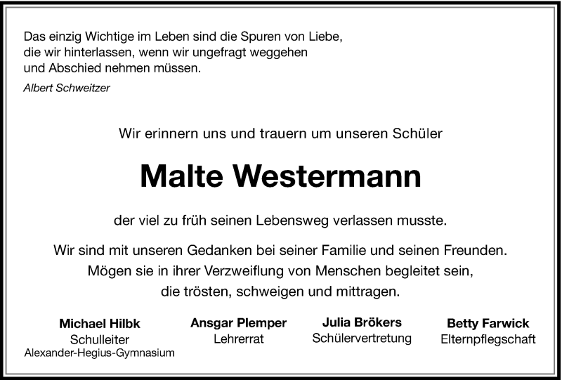  Traueranzeige für Malte Westermann vom 09.02.2017 aus Münstersche Zeitung und Münsterland Zeitung