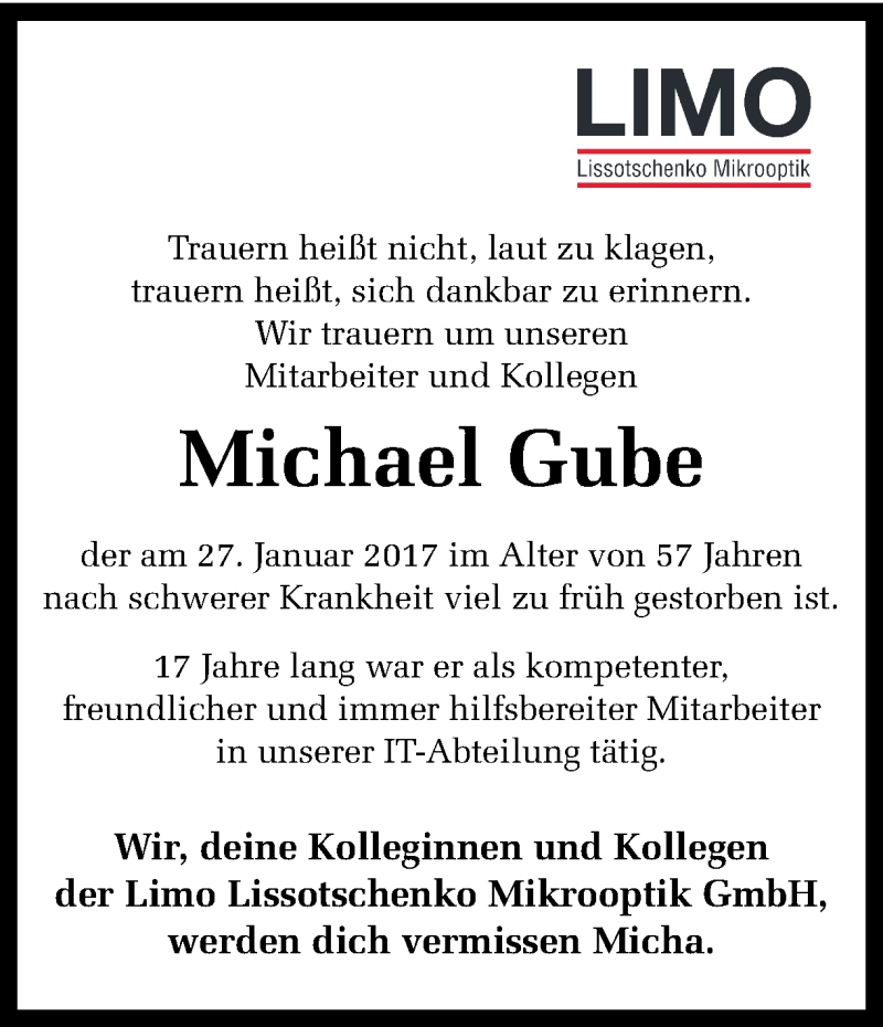  Traueranzeige für Michael Gube vom 04.02.2017 aus Ruhr Nachrichten