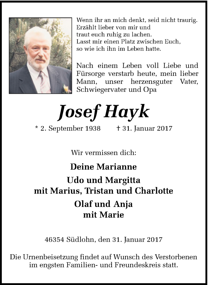  Traueranzeige für Josef Hayk vom 06.02.2017 aus Münstersche Zeitung und Münsterland Zeitung