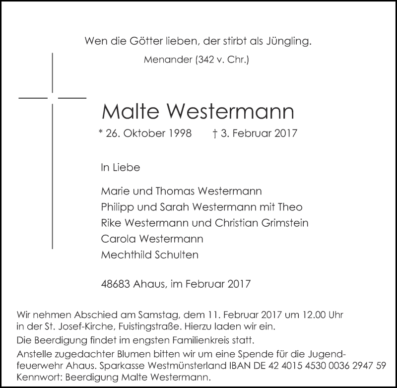  Traueranzeige für Malte Westermann vom 08.02.2017 aus Münstersche Zeitung und Münsterland Zeitung