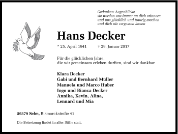 Traueranzeige von Hans Decker von Ruhr Nachrichten