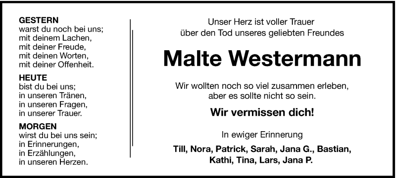  Traueranzeige für Malte Westermann vom 11.02.2017 aus Münstersche Zeitung und Münsterland Zeitung