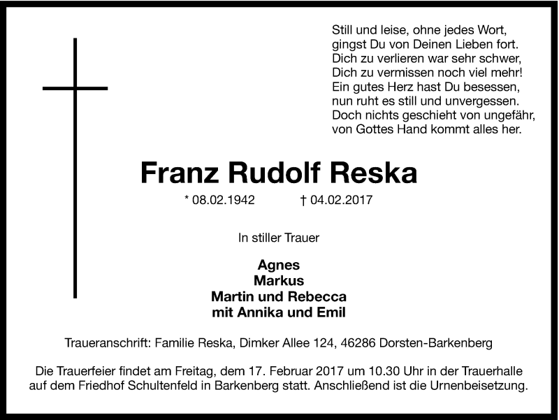  Traueranzeige für Franz Rudolf Reska vom 11.02.2017 aus Ruhr Nachrichten und Dorstener Zeitung