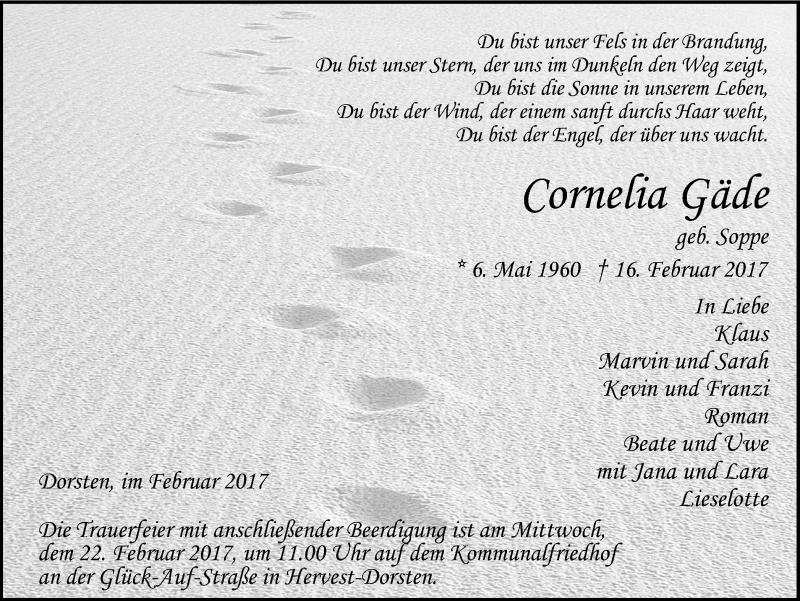  Traueranzeige für Cornelia Gäde vom 21.02.2017 aus Ruhr Nachrichten und Dorstener Zeitung