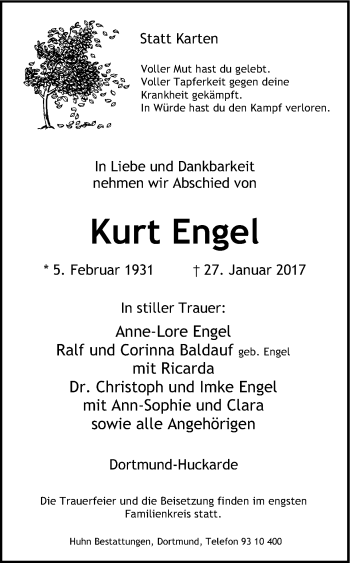 Traueranzeige von Kurt Engel von Ruhr Nachrichten