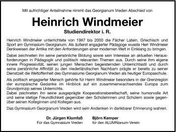 Traueranzeige von Heinrich Windmeier von Münstersche Zeitung und Münsterland Zeitung