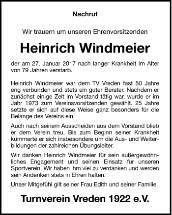 Traueranzeige von Heinrich Windmeier von Münstersche Zeitung und Münsterland Zeitung