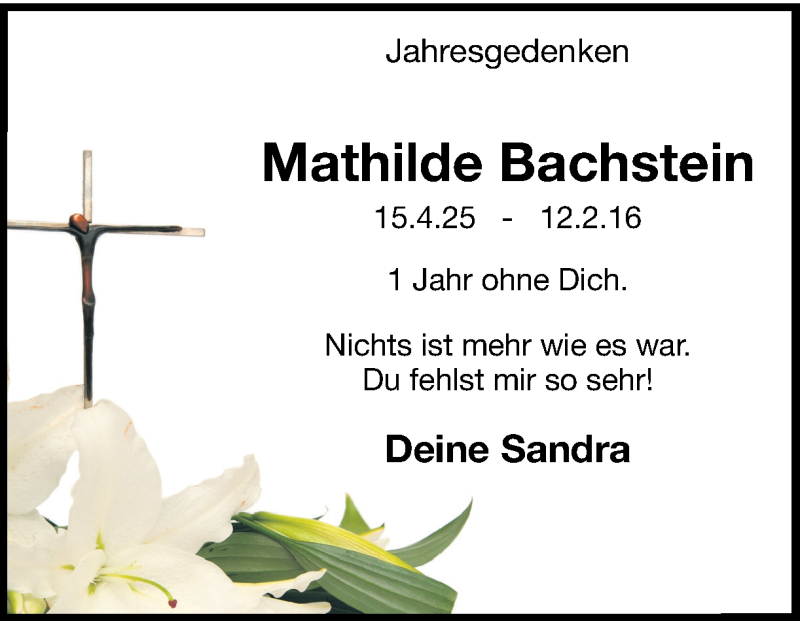  Traueranzeige für Mathilde Bachstein vom 11.02.2017 aus Ruhr Nachrichten