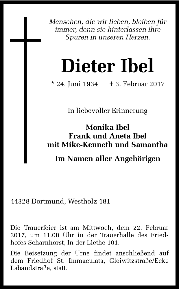  Traueranzeige für Dieter Ibel vom 18.02.2017 aus Ruhr Nachrichten