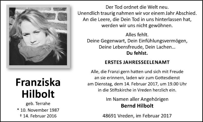  Traueranzeige für Franziska Hilbolt vom 11.02.2017 aus Münstersche Zeitung und Münsterland Zeitung