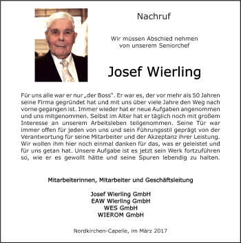 Traueranzeige von Josef Wierling von Ruhr Nachrichten