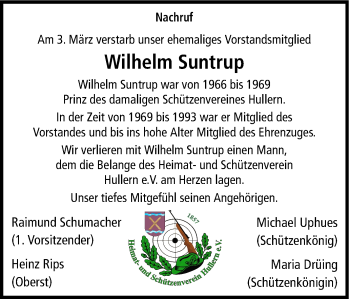 Traueranzeige von Wilhelm Suntrup von Ruhr Nachrichten und Halterner Zeitung