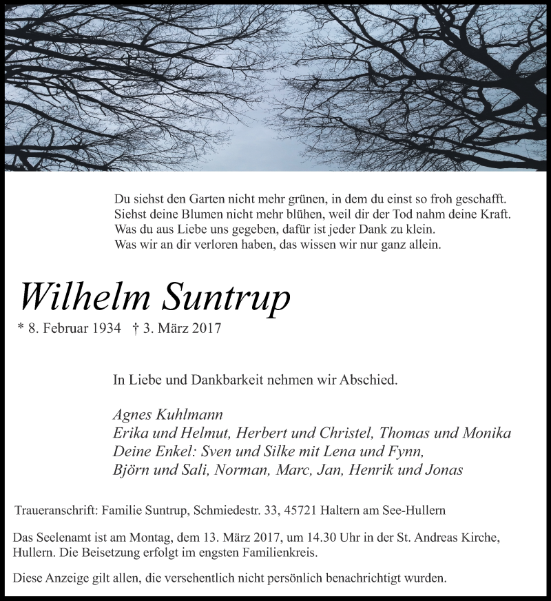  Traueranzeige für Wilhelm Suntrup vom 07.03.2017 aus Ruhr Nachrichten und Halterner Zeitung