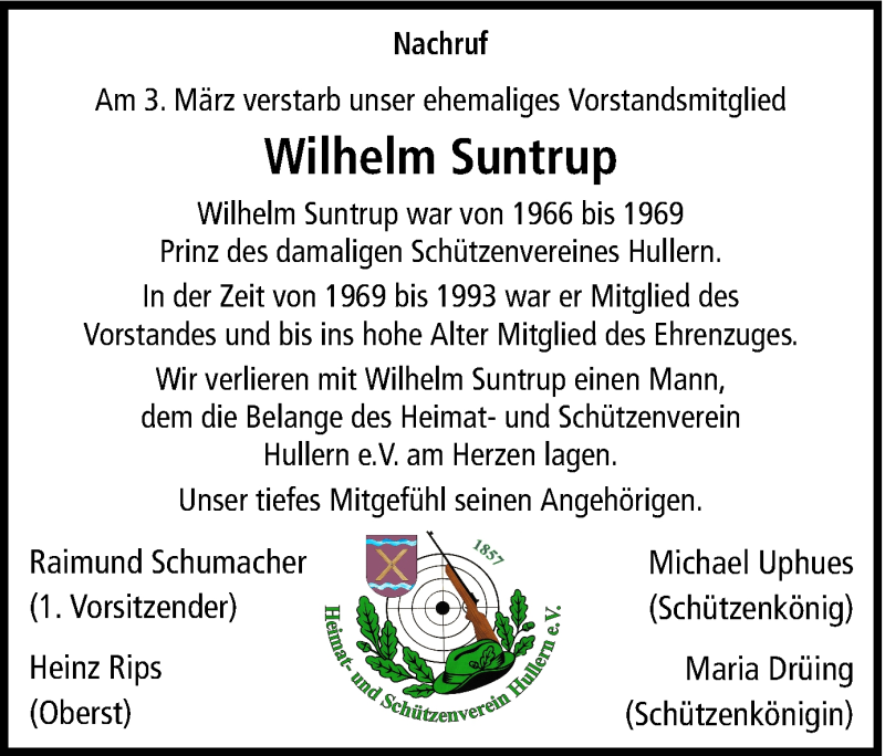  Traueranzeige für Wilhelm Suntrup vom 11.03.2017 aus Ruhr Nachrichten und Halterner Zeitung