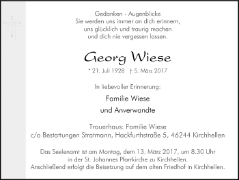Traueranzeige von Georg Wiese von Ruhr Nachrichten und Dorstener Zeitung