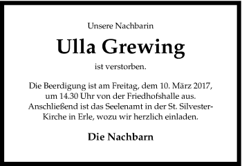 Traueranzeige von Ulla Grewing von Ruhr Nachrichten und Dorstener Zeitung