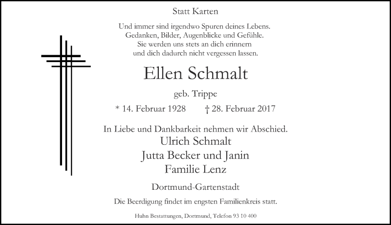 Traueranzeige für Ellen Schmalt vom 04.03.2017 aus Ruhr Nachrichten