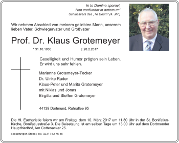 Traueranzeige von Klaus Grotemeyer von Ruhr Nachrichten