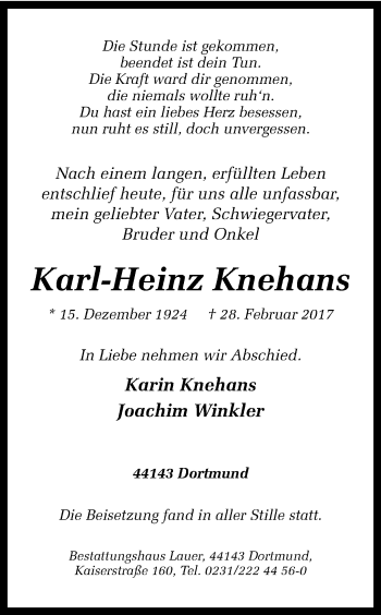 Traueranzeige von Karl-Heinz Knehans von Ruhr Nachrichten