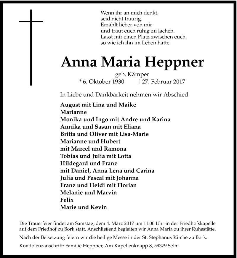  Traueranzeige für Anna Maria Heppner vom 01.03.2017 aus Ruhr Nachrichten
