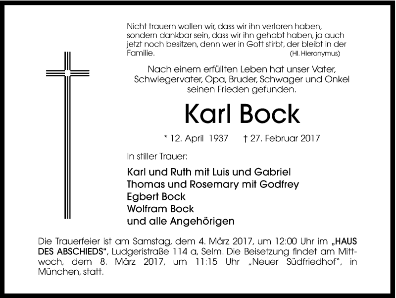  Traueranzeige für Karl Bock vom 01.03.2017 aus Ruhr Nachrichten
