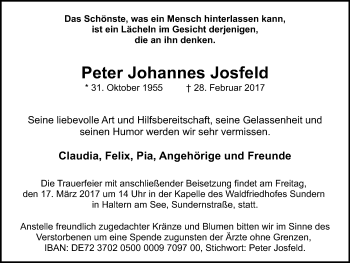 Traueranzeige von Peter Johannes Josfeld von Ruhr Nachrichten und Halterner Zeitung