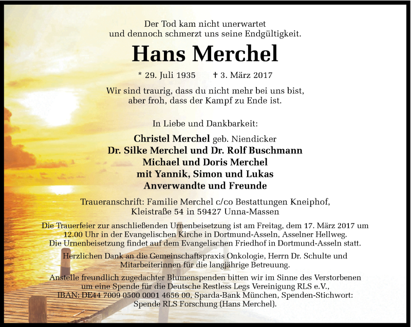  Traueranzeige für Hans Merchel vom 11.03.2017 aus Ruhr Nachrichten