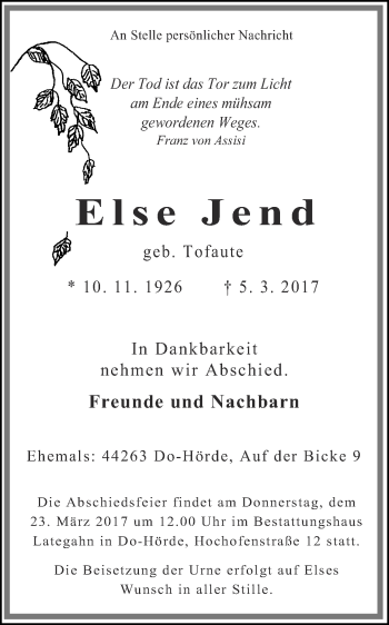 Traueranzeige von Else Jend von Ruhr Nachrichten