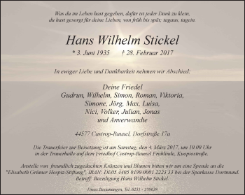 Traueranzeige von Hans Wilhelm Stickel von Ruhr Nachrichten