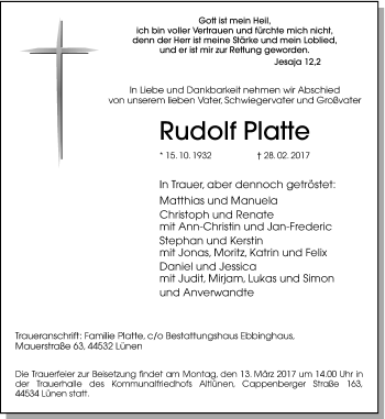Traueranzeige von Rudolf Platte von Ruhr Nachrichten