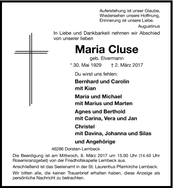 Traueranzeige von Maria Cluse von Ruhr Nachrichten und Dorstener Zeitung