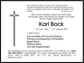 Traueranzeige von Karl Bock von Ruhr Nachrichten