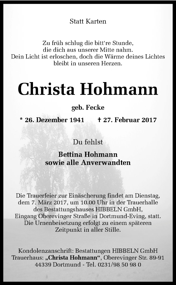  Traueranzeige für Christa Hohmann vom 01.03.2017 aus Ruhr Nachrichten