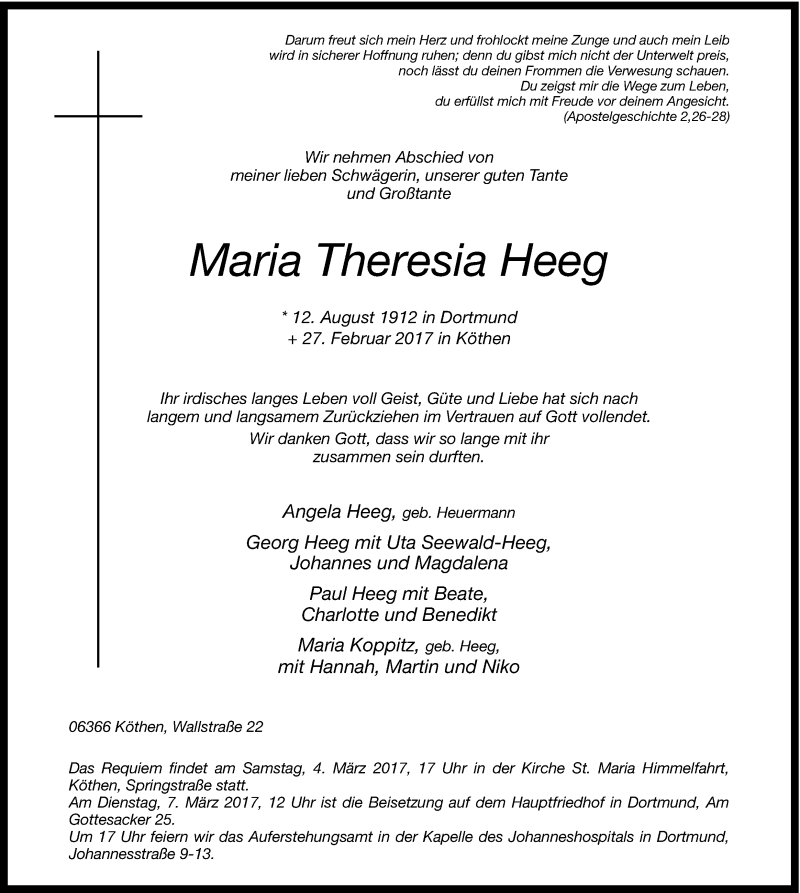  Traueranzeige für Maria Theresia Heeg vom 02.03.2017 aus 