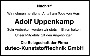 Traueranzeige von Adolf Uppenkamp von Münstersche Zeitung und Münsterland Zeitung
