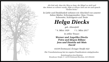 Traueranzeige von Helga Diecks von Ruhr Nachrichten