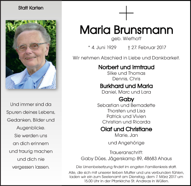  Traueranzeige für Maria Brunsmann vom 03.03.2017 aus Münstersche Zeitung und Münsterland Zeitung