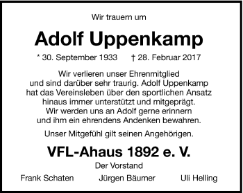 Traueranzeige von Adolf Uppenkamp von Münstersche Zeitung und Münsterland Zeitung