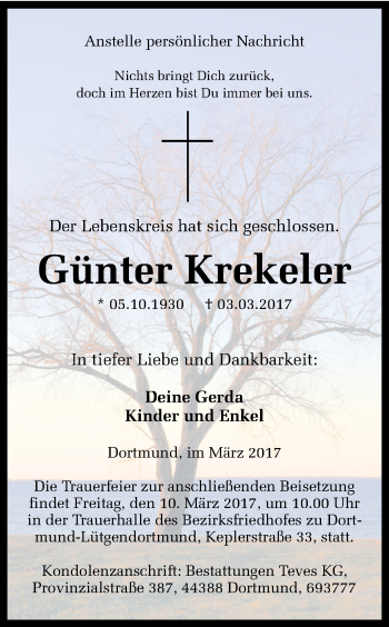 Traueranzeige von Günter Krekeler von Ruhr Nachrichten