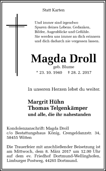 Traueranzeige von Magda Droll von Ruhr Nachrichten