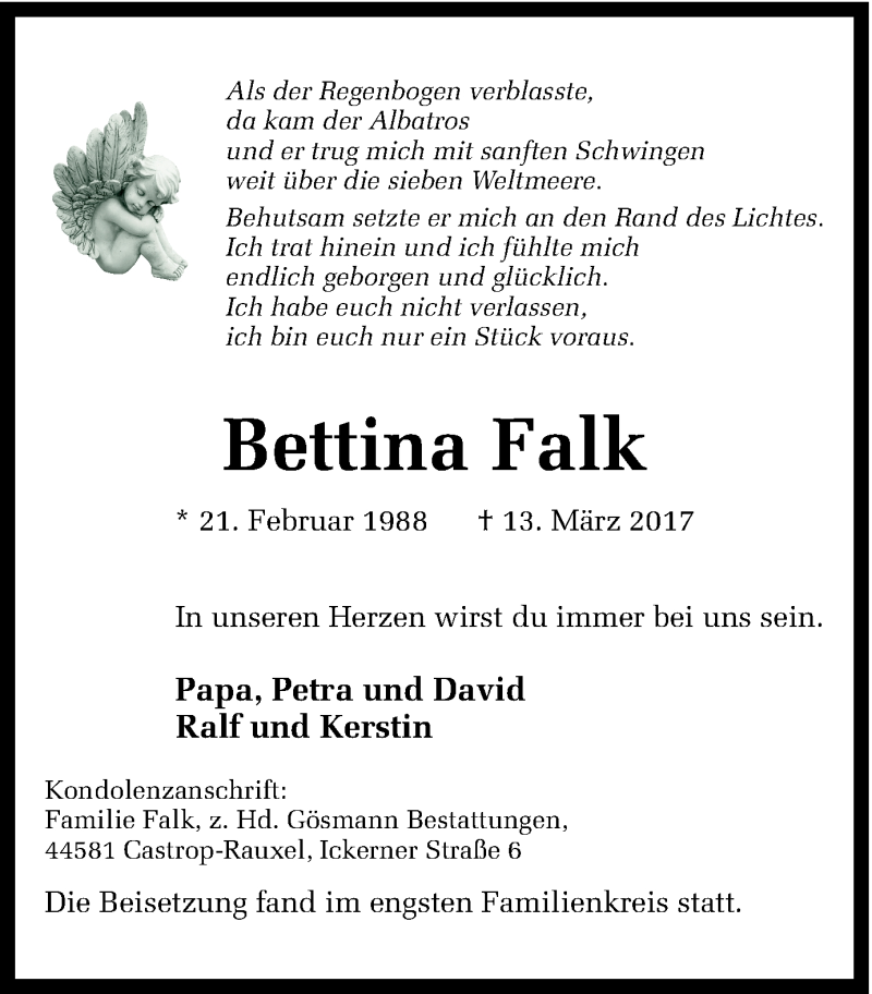  Traueranzeige für Bettina Falk vom 24.03.2017 aus Ruhr Nachrichten