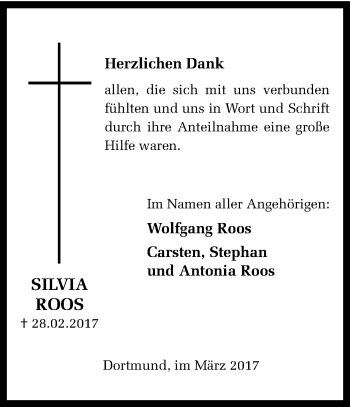 Traueranzeige von Silvia Roos von Ruhr Nachrichten